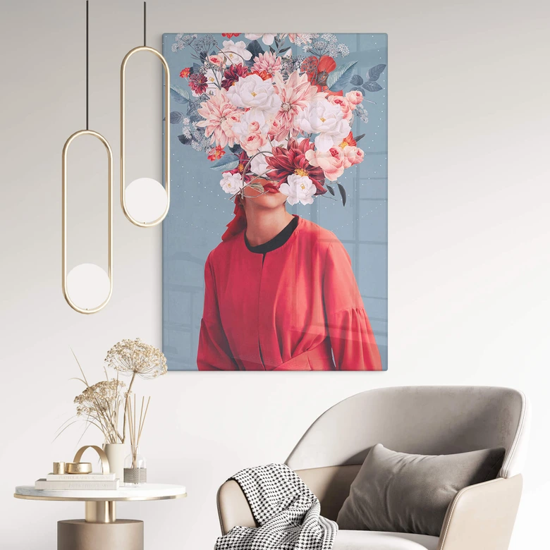 Glasbild Porträt - Elegante Frau mit prachtvollen Blumen - Moth 