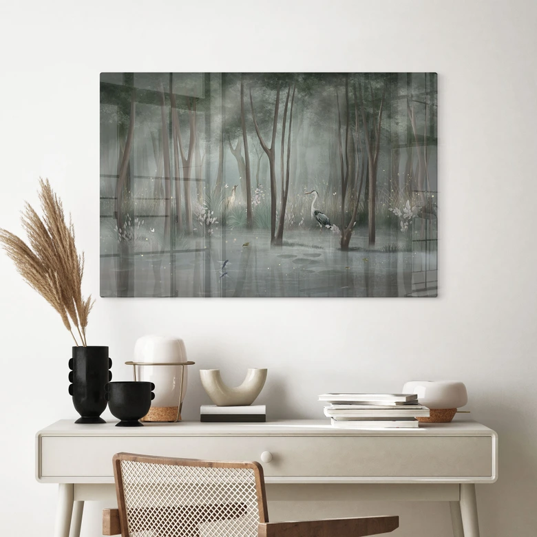 Glasbild Nebelwald am See mit Reiher in Grün - Ms Tiff 