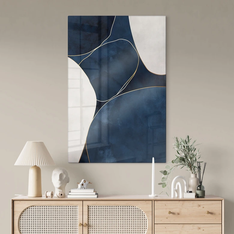 Glasbild Geometrische Balance in Blau und Weiß - Paksoylu 