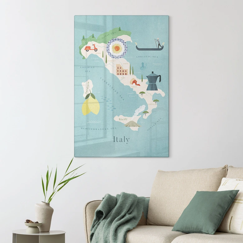 Glasbild Karte von Italien - Rivers 