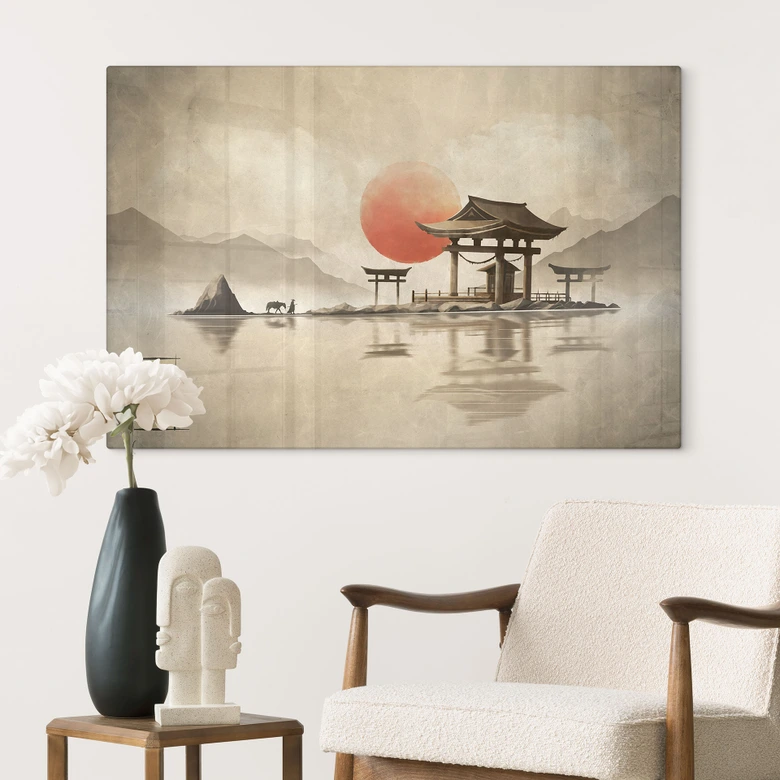 Glasbild Japanischer Tempel im Sonnenaufgang - Roze 