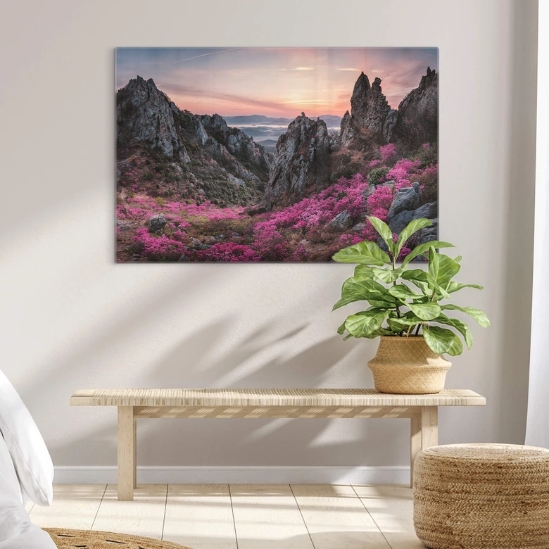 Glasbild Seo - Felsige Landschaft im Sonnenuntergang 