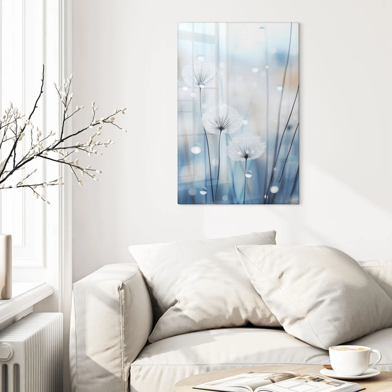 Glasbild Tauperlen auf Pusteblumen - Treechild 