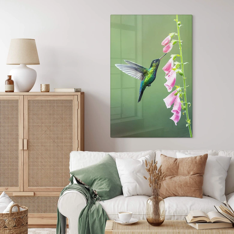 Tableau sur verre van Duijn - Colibri dans la magie des fleurs roses 
