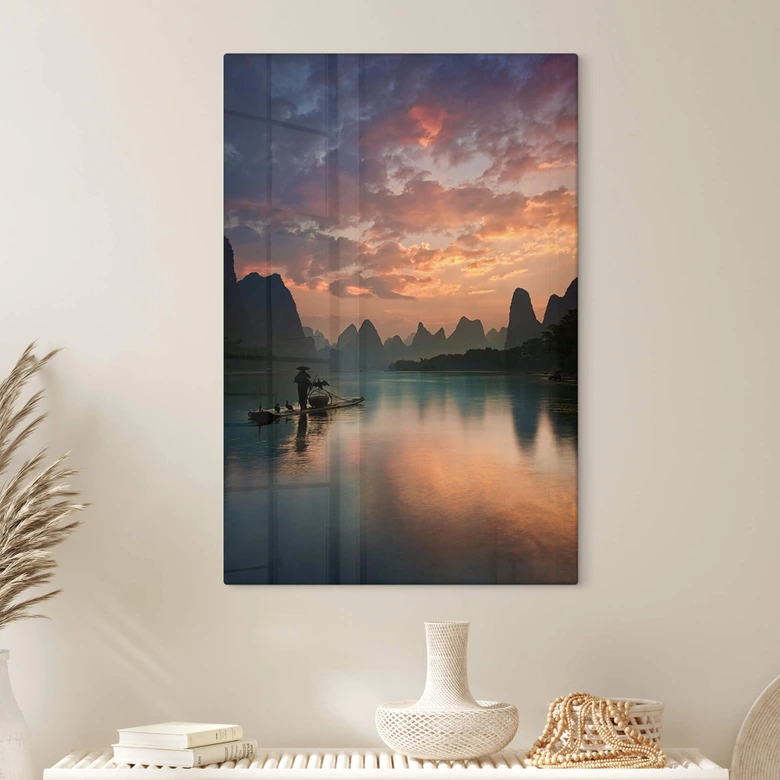Glasbild Zhang - Asiatische Flusslandschaft in der Abenddämmerung 