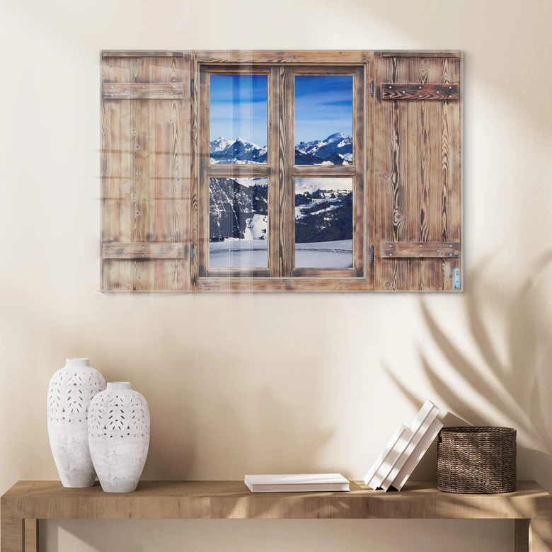 Glasbild 3D Holzfenster - Alpenpanorama 