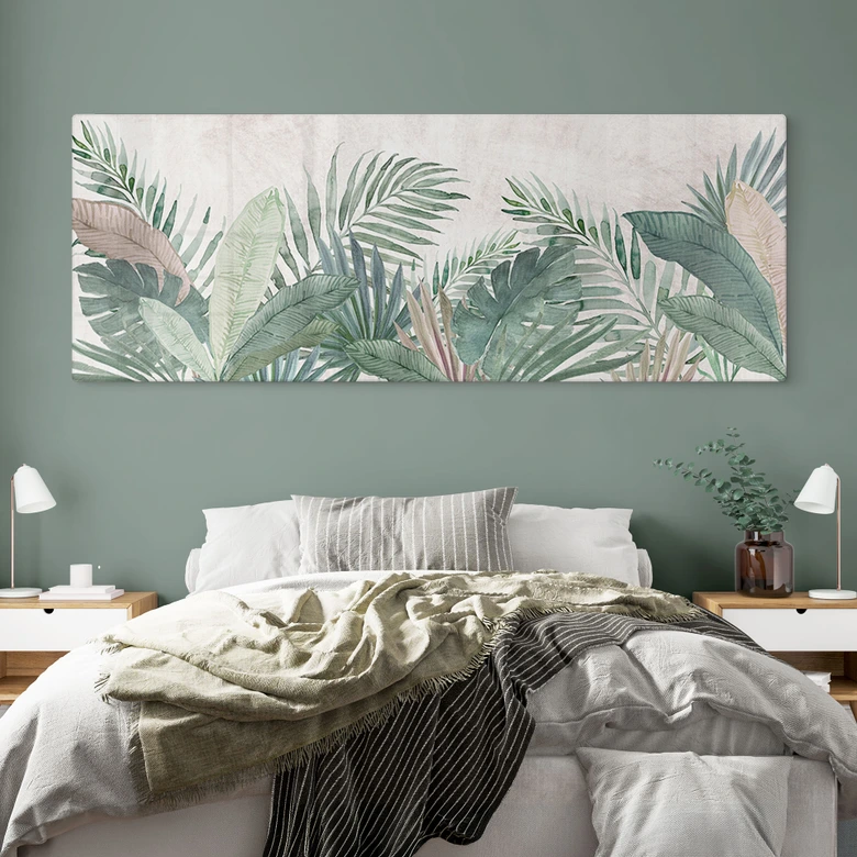 Tableau en verre Feuilles de la jungle Vert aquarelle - Bloomery Decor - Panorama 