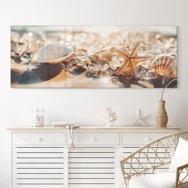 Tableau en verre Maritim - coquillages sur une plage ensoleillée - Treechild - Panorama 