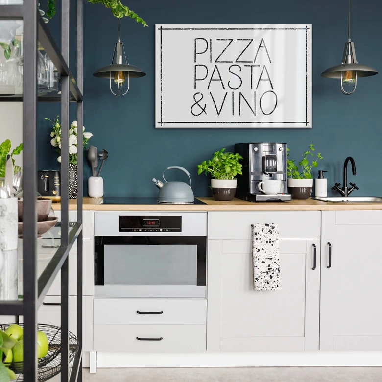 Glasbild Pizza Pasta & Vino weiß 