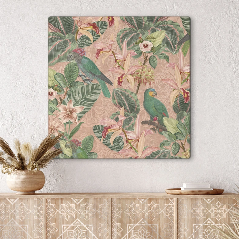 Glasbild Dschungel mit Papageien Rosa - Bloomery Decor - Quadratisch 