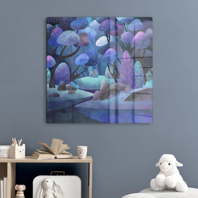 Tableau en verre Forêt enchantée en bleu minuit - DigitalArtsi 