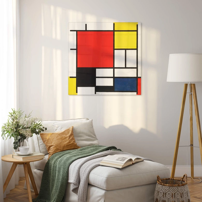 Tableau sur verre Mondrian - Composition en rouge, jaune, bleu et noir 