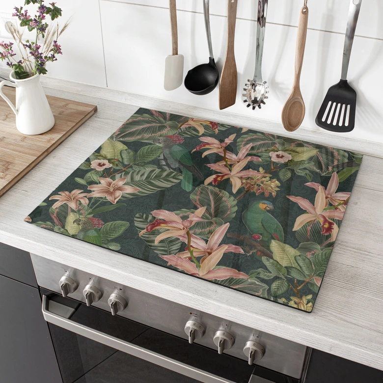 Kogeplade jungle med papegøjer natgrøn - Bloomery Decor 