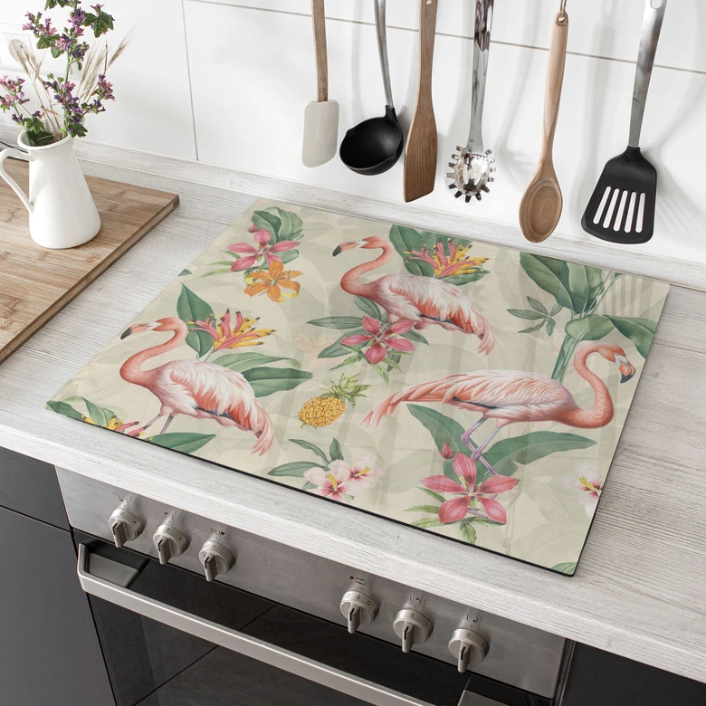 Herdabdeckplatte Exotik - Flamingo und tropische Blätter - Bloomery Decor 