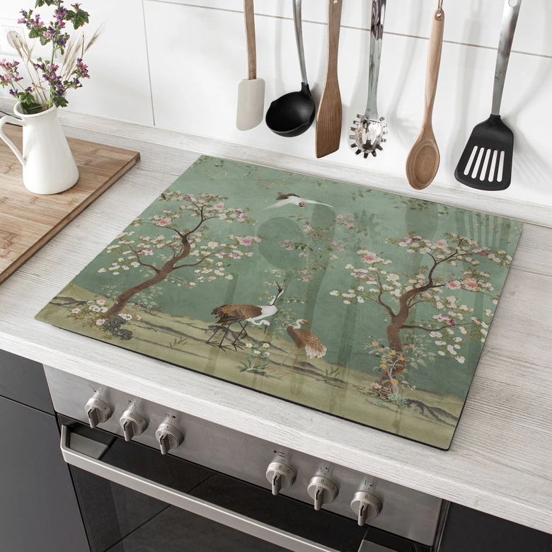 Herdabdeckplatte Kraniche in floraler Landschaft - Bloomery Decor 