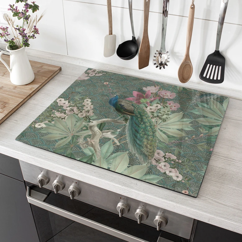Herdabdeckplatte Pfau im Tropengarten auf Mosaik - Bloomery Decor 