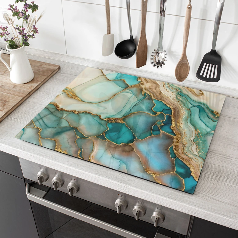 Plaque de recouvrement pour cuisinière Vagues marbrées en turquoise et or - Haase 