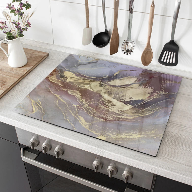 Herdabdeckplatte Marmor-Optik - Edle Strukturen in Gold und Violett - Shelest 