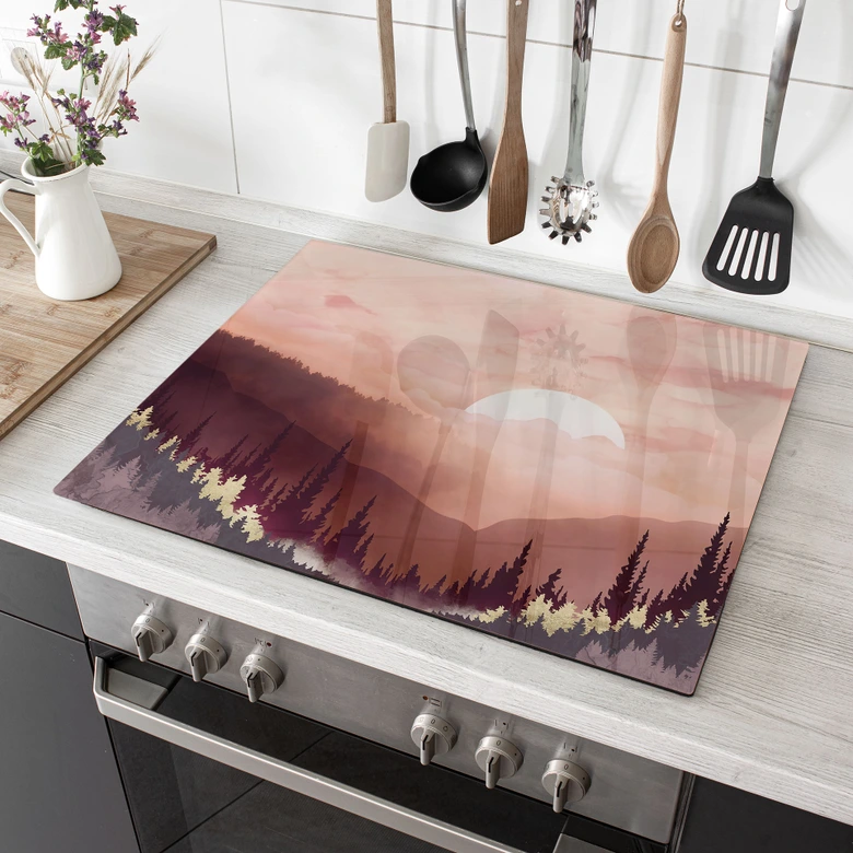 Afdekplaat voor fornuis - Roze zonsondergang boven het bos - SpaceFrog Designs 