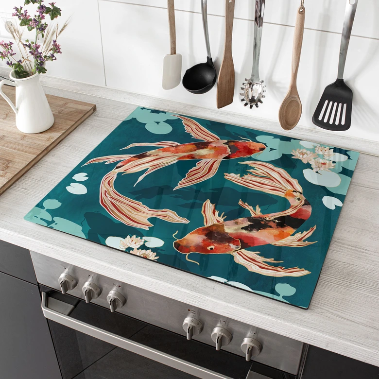 Herdabdeckplatte - Zwei Kois im Teich - SpaceFrog Designs 