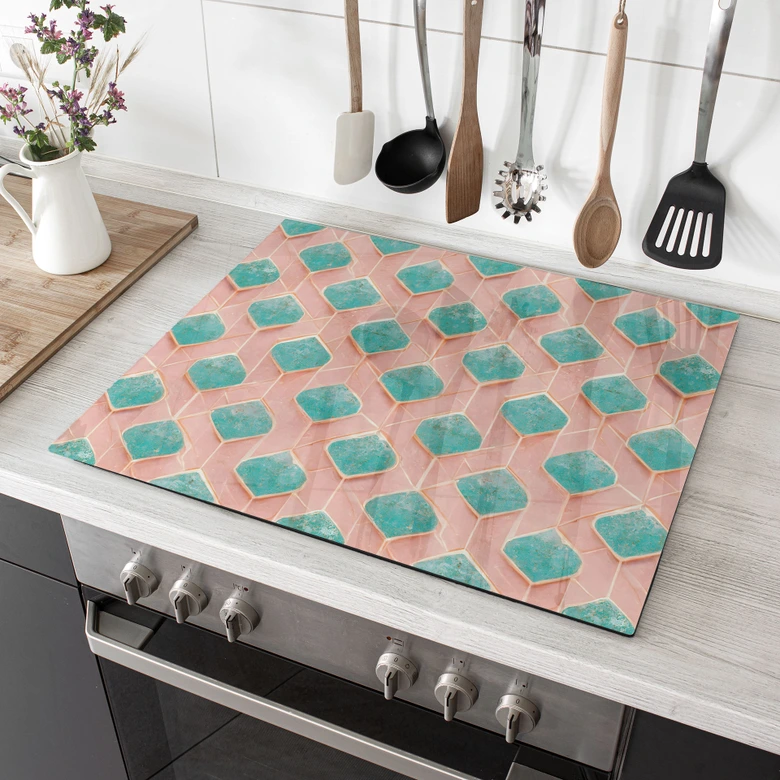 Afdekplaat fornuis ruitpatroon in turquoise en roze - Treechild 