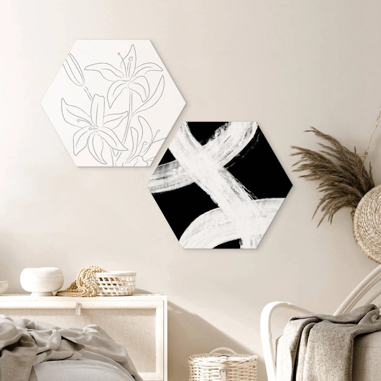 Hexagon Wandbild 1X Studio - Lichtspiel in Schwarz-Weiß - Alu-Dibond 