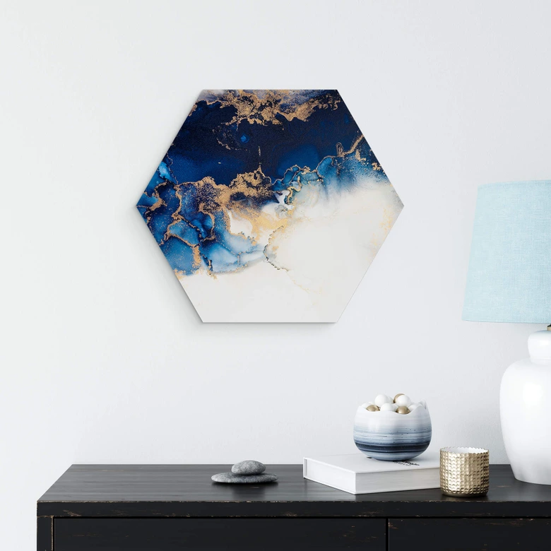 Hexagon - Alu-Dibond Abstrakter Marmor mit Blau und Goldeffekt 