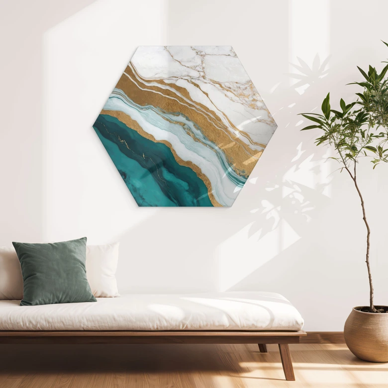 Hexagon Wandbild Marmor-Fluss aus Gold und Jade - Alpenglow Workshop - Alu-Dibond 
