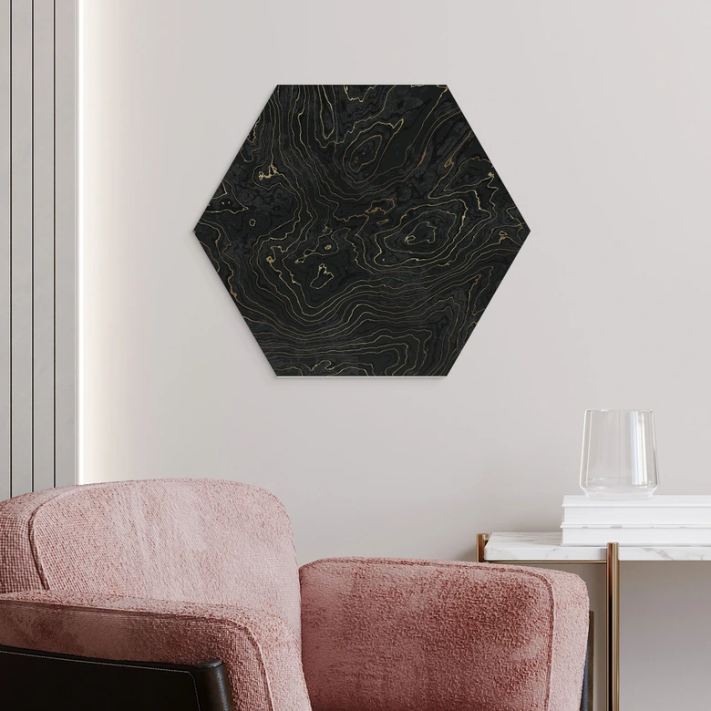 Hexagon Wandbild Abstrakte Linien Schwarz-gold - Amini - Alu-Dibond 