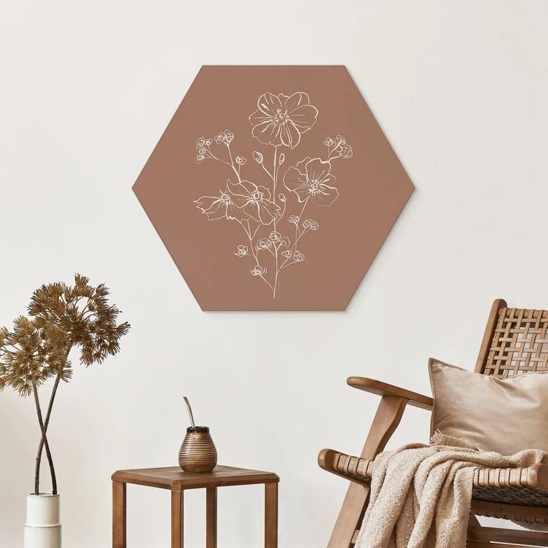 Hexagon Wandbild Wildrosenstrauß Mocha-Mousse - Anis Illustration - Alu-Dibond 