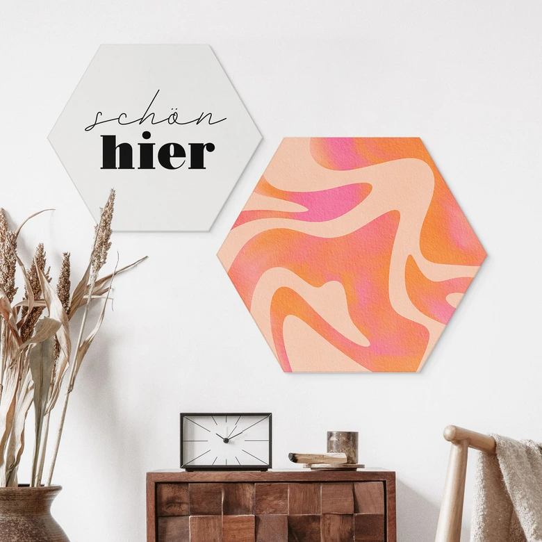 Hexagon Dibond Abstrakte bølger i ferskenfarve - Bloom 
