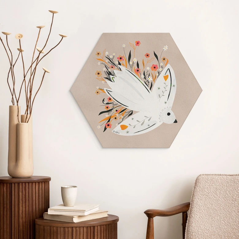 Hexagon Dibond Vredesduif met kleine bloemen - Bloom 