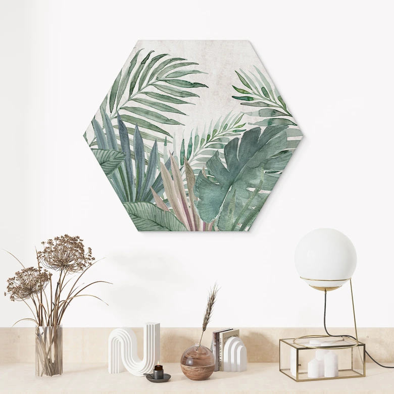 Hexagon Wandbild Dschungel-Blätter Grün Aquarell - Bloomery Decor - Alu-Dibond 