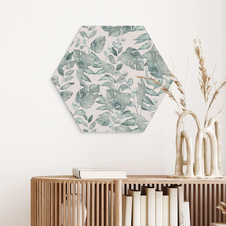 Hexagon Wandbild Dschungelblätter Aquarell Creme - Bloomery Decor - Alu-Dibond 