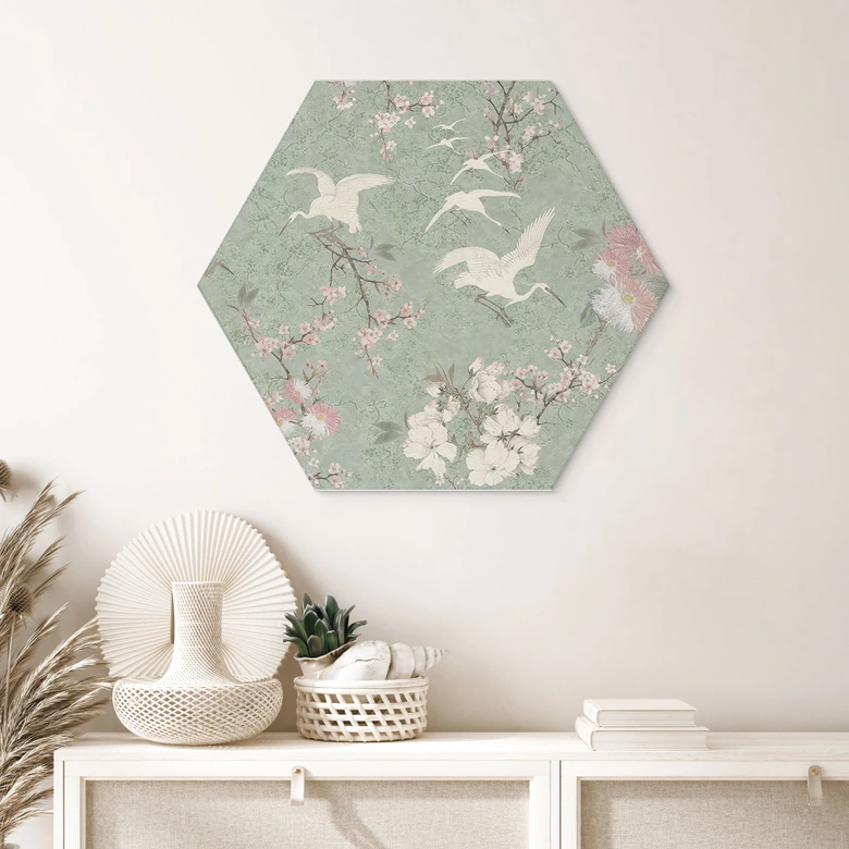Hexagon Wandbild Kraniche im Kirschblüten-Rausch Grün - Bloomery Decor - Alu-Dibond 