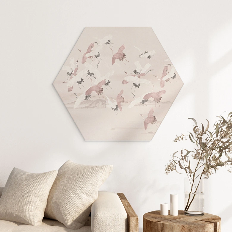 Hexagon Wandbild Kraniche über dem See - Bloomery Decor - Alu-Dibond 