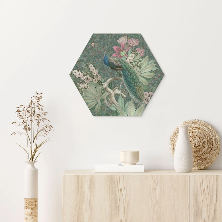 Hexagon Wandbild Pfau im Tropengarten auf Mosaik - Bloomery Decor - Alu-Dibond 