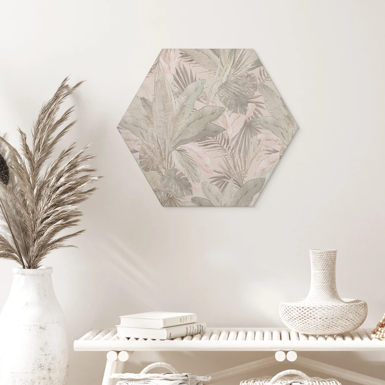 Hexagon Wandbild Tropenblätter im Dschungel Pastell - Bloomery Decor - Alu-Dibond 