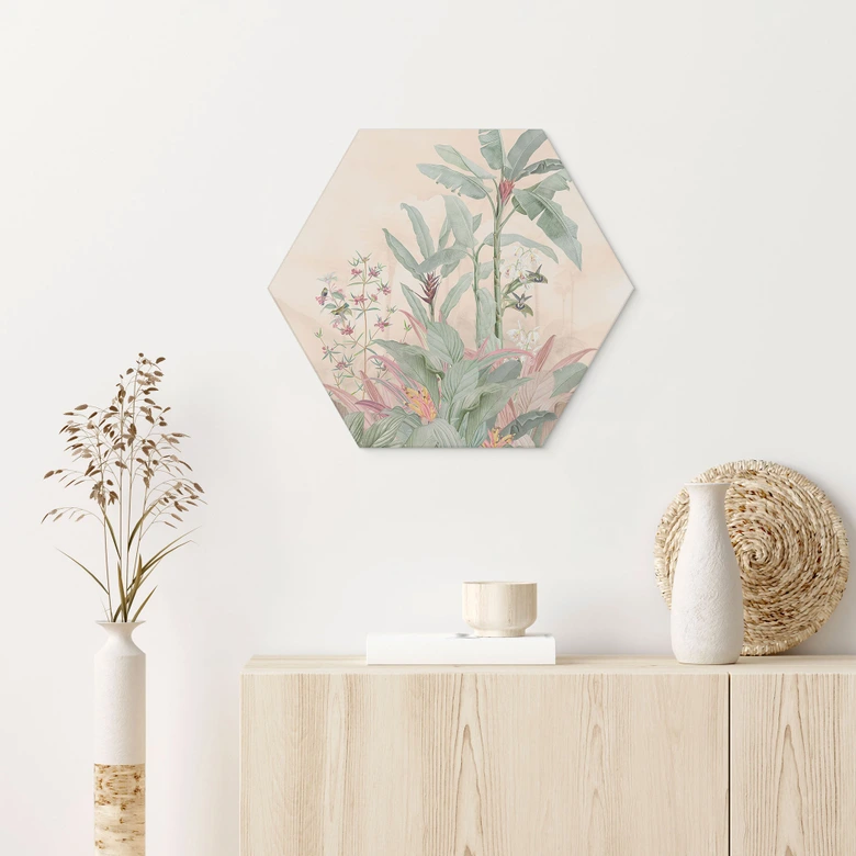 Hexagon Wandbild Tropische Idylle mit Kolibri Apricot - Bloomery Decor - Alu-Dibond 