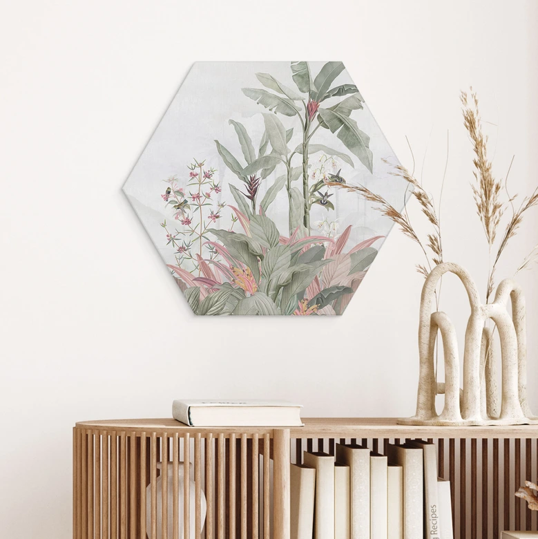 Hexagon Wandbild Tropische Idylle mit Kolibri Blau - Bloomery Decor - Alu-Dibond 