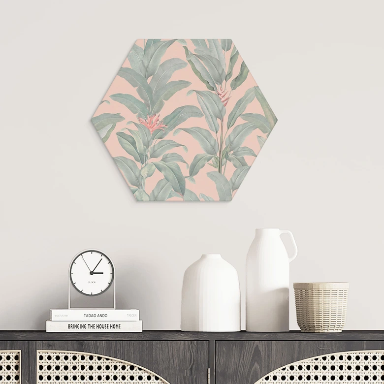 Hexagon Wandbild Urban Jungle Tropenblätter Rosa - Bloomery Decor - Alu-Dibond 
