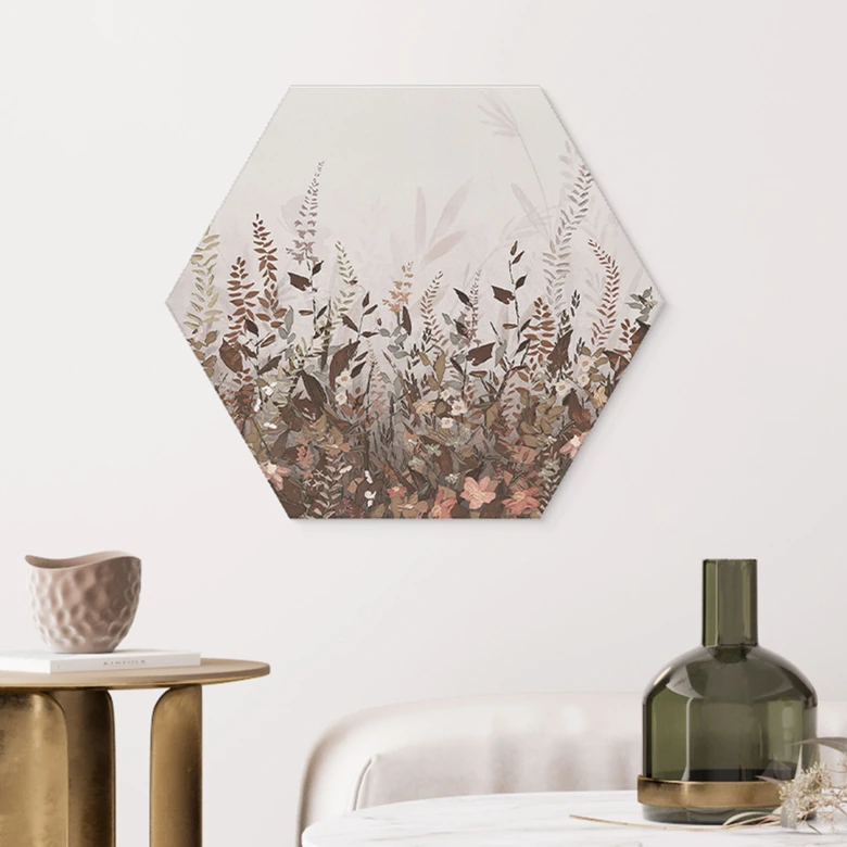 Hexagon Wandbild Blumenwiese Vintage - Lane - Alu-Dibond 