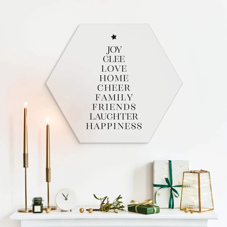 Hexagon Wandbild Weihnachtsbaum Typografisch - Alu-Dibond - Blursbyai 