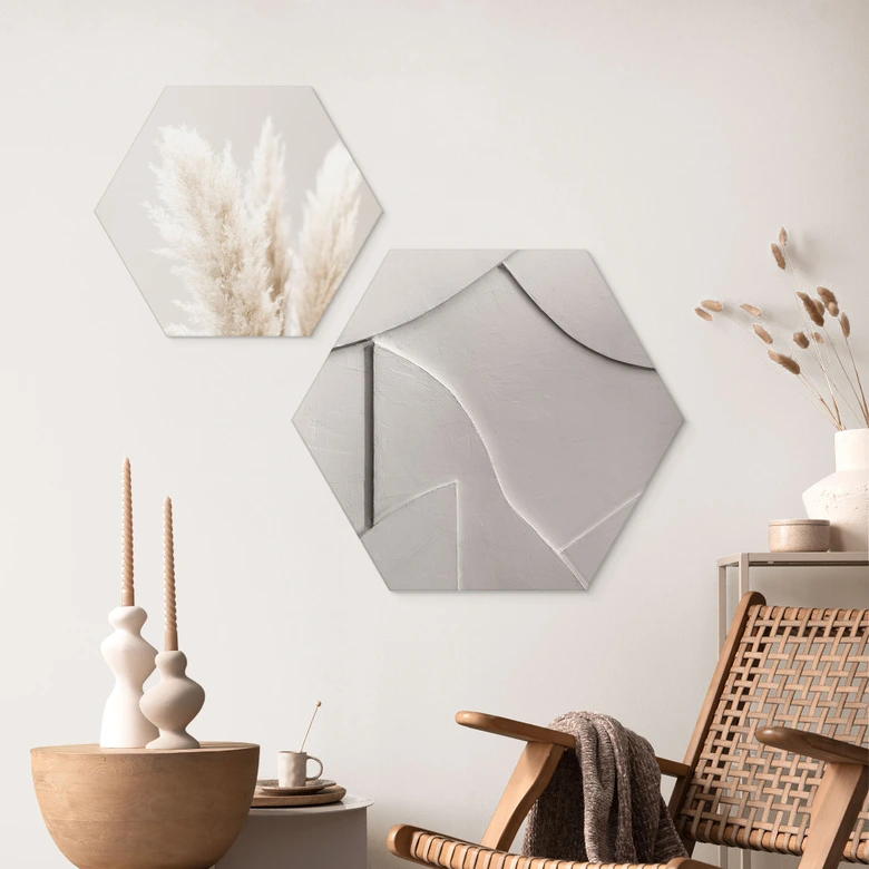 Hexagon Wandbild Abstrakte Strukturen in sanftem Beige - Böhmer - Alu-Dibond 