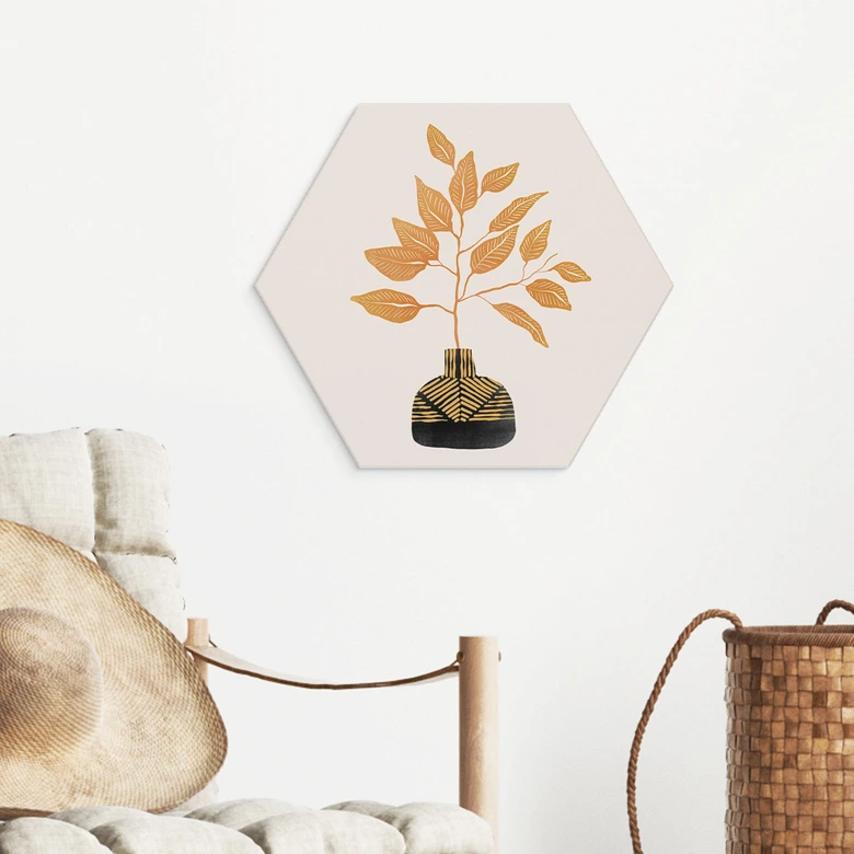 Hexagon Wandbild Goldener Zweig mit Blättern - Cats & Dotz - Alu-Dibond 