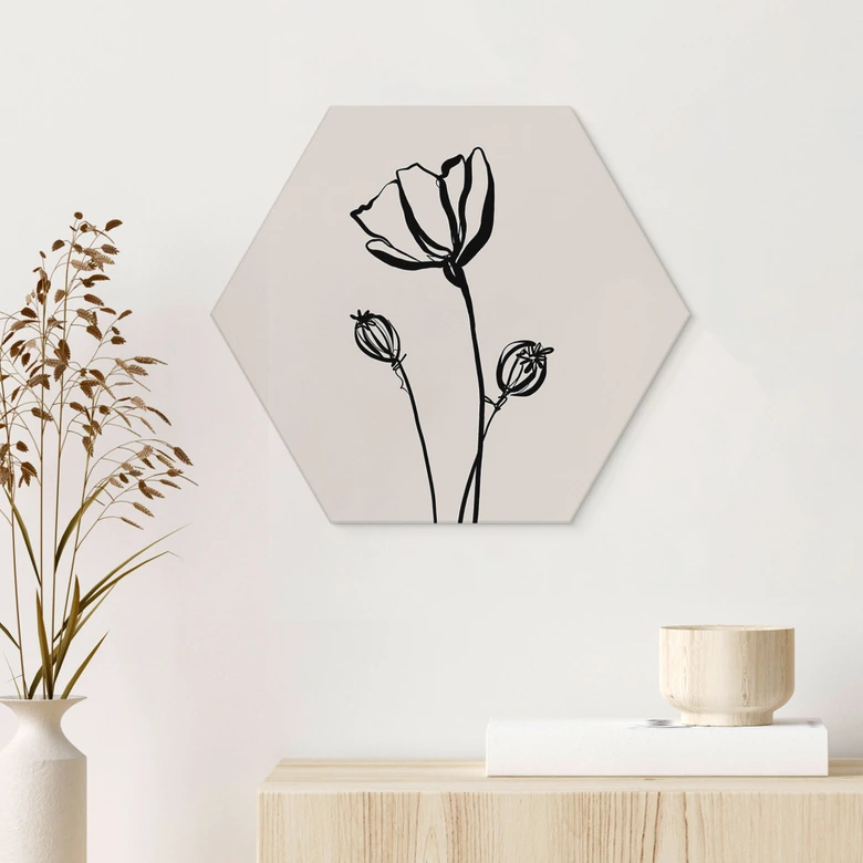 Hexagon Wandbild Line Art Mohnblume - Cats & Dotz - Alu-Dibond 