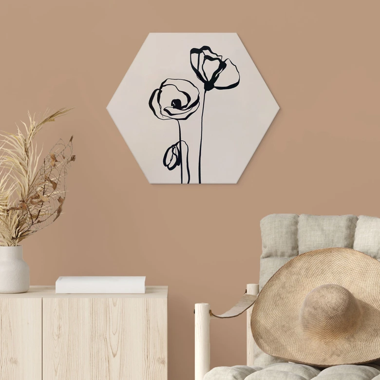 Hexagon Wandbild Line Art Zwei Mohnblumen - Cats & Dotz - Alu-Dibond 