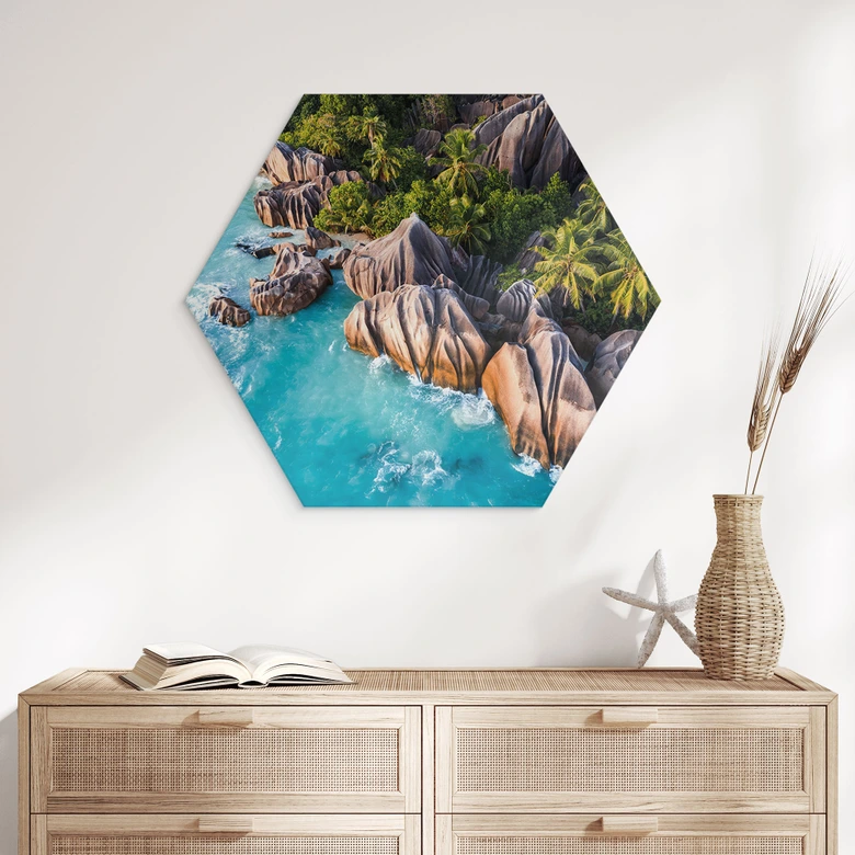 Hexagon Wandbild Tropische Felsenküste der Seychellen - Colombo - Alu-Dibond 