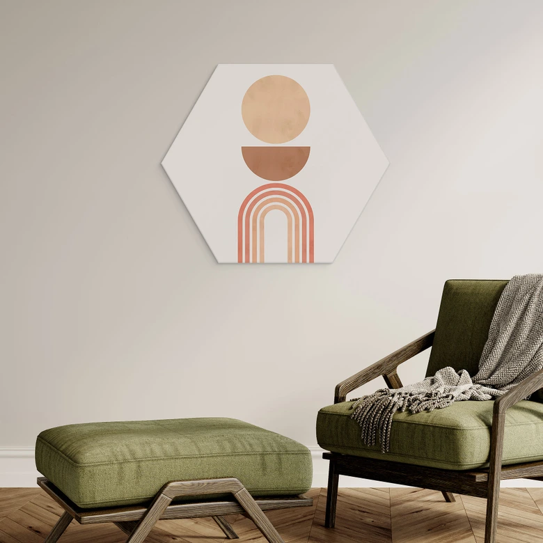 Hexagon Wandbild Abstrakte Balance - Retro Bögen und Kreise - Costa - Alu-Dibond 