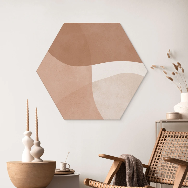 Hexagon Wandbild Boho Aquarell-Formen in Brauntönen - Costa - Alu-Dibond 